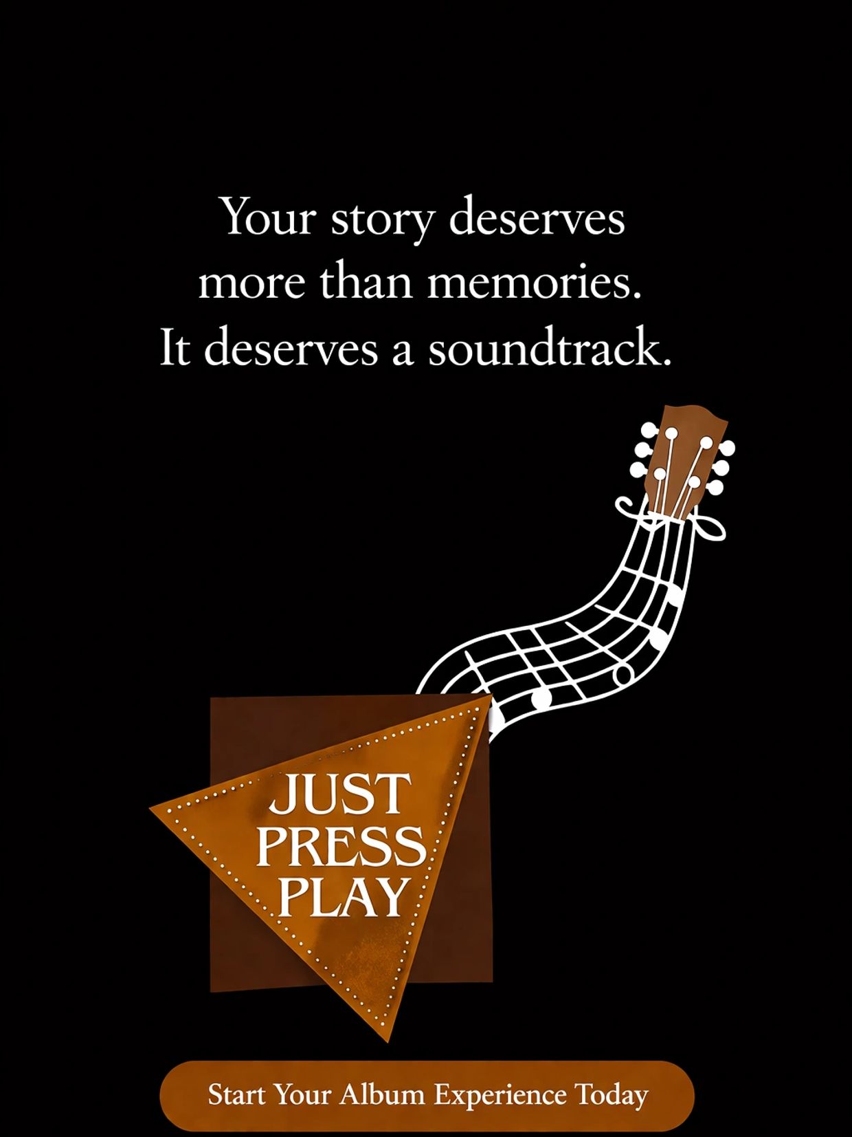 A music-themed ad encouraging to start an album experience by pressing play.