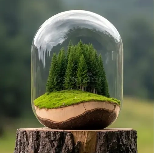 Miniature forest preserved under a glass dome on a tree stump.