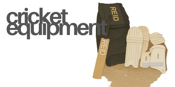 Illustration of cricket equipment including pads, gloves, and bat.
