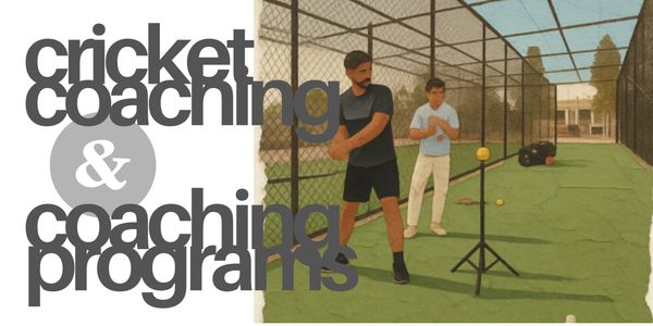 Cricket coaching session with a player practicing batting in a net enclosure.