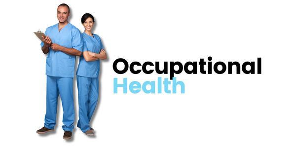 Two healthcare professionals in blue scrubs with 'Occupational Health' text.