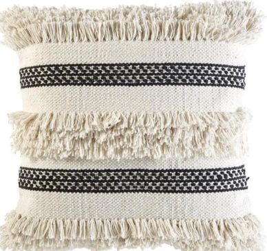 Decorative cream pillow with black stripes and fringes.