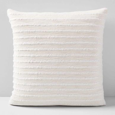 White textured square throw pillow with horizontal stripes.