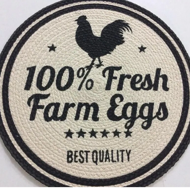 A circular sign reading '100% Fresh Farm Eggs, Best Quality' with a rooster silhouette.