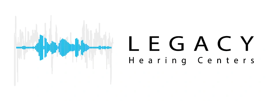 Logo bright blue soundwave for "Legacy Hearing Centers" over grey noise soundwave