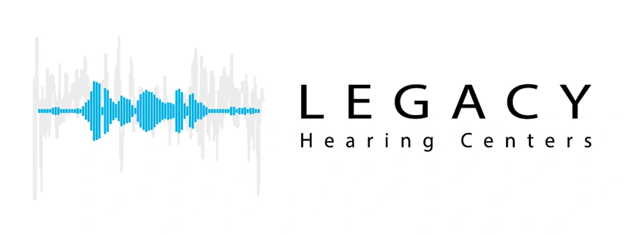 Bright Blue "Legacy Hearing Centers" soundwave over grey background noise soundwave