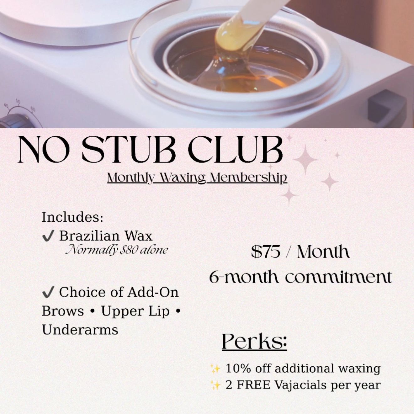 Monthly waxing membership offering Brazilian wax and add-ons with perks.