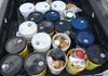 Used oil and filters from an engine service on two Caterpillar C32's