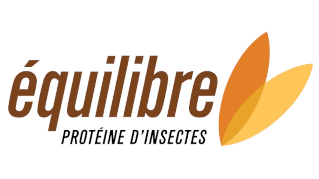 Logo for Équilibre, an insect protein brand with orange leaf-like design.