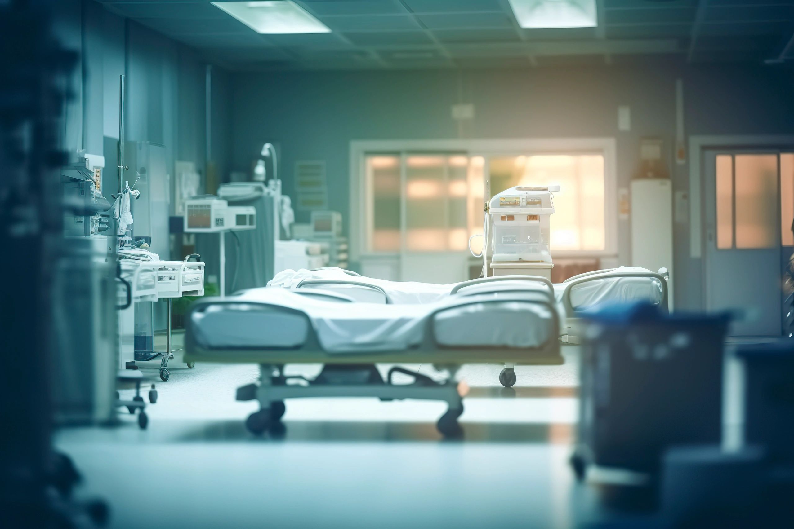 Empty hospital room with beds and medical equipment.