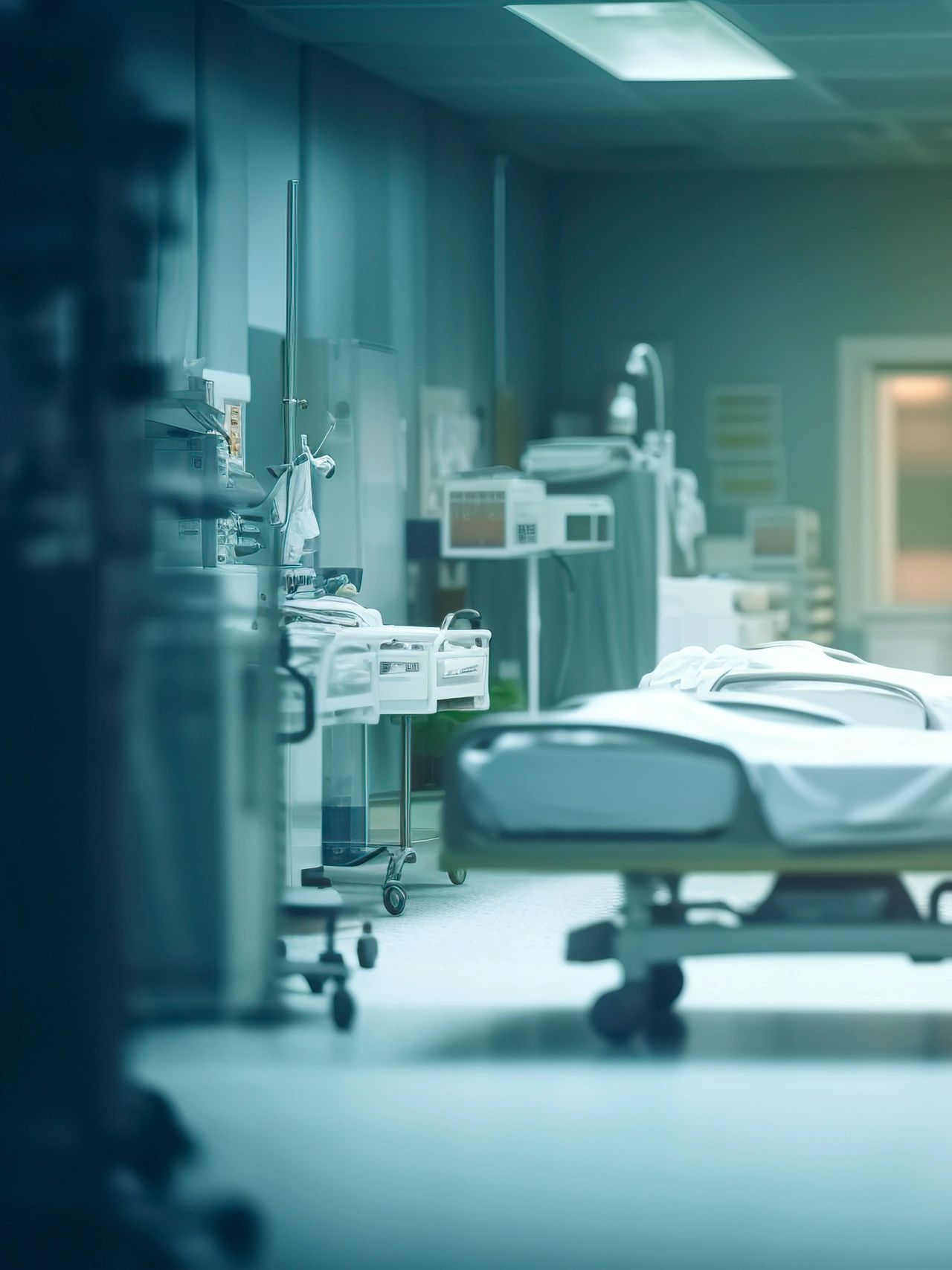 Empty hospital room with medical equipment.