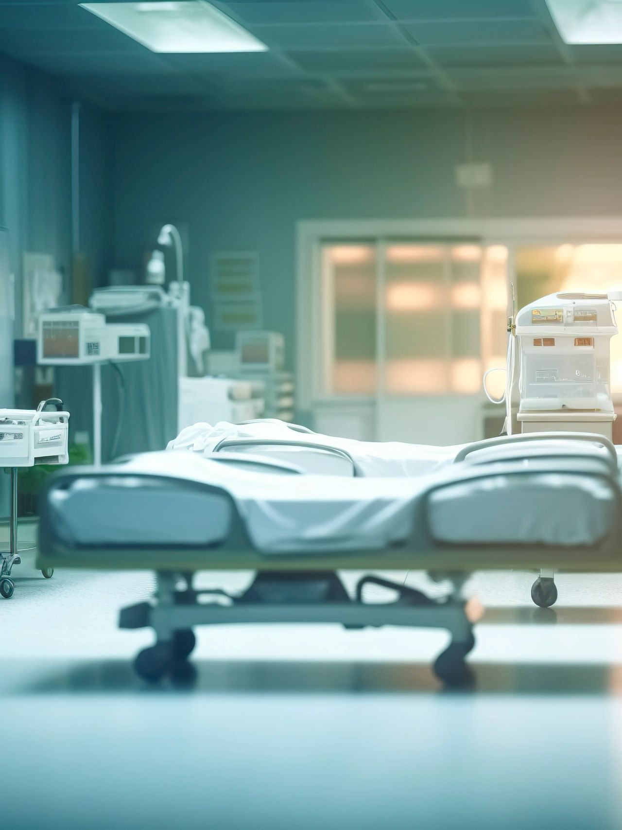 Empty hospital room with medical equipment and bed.
