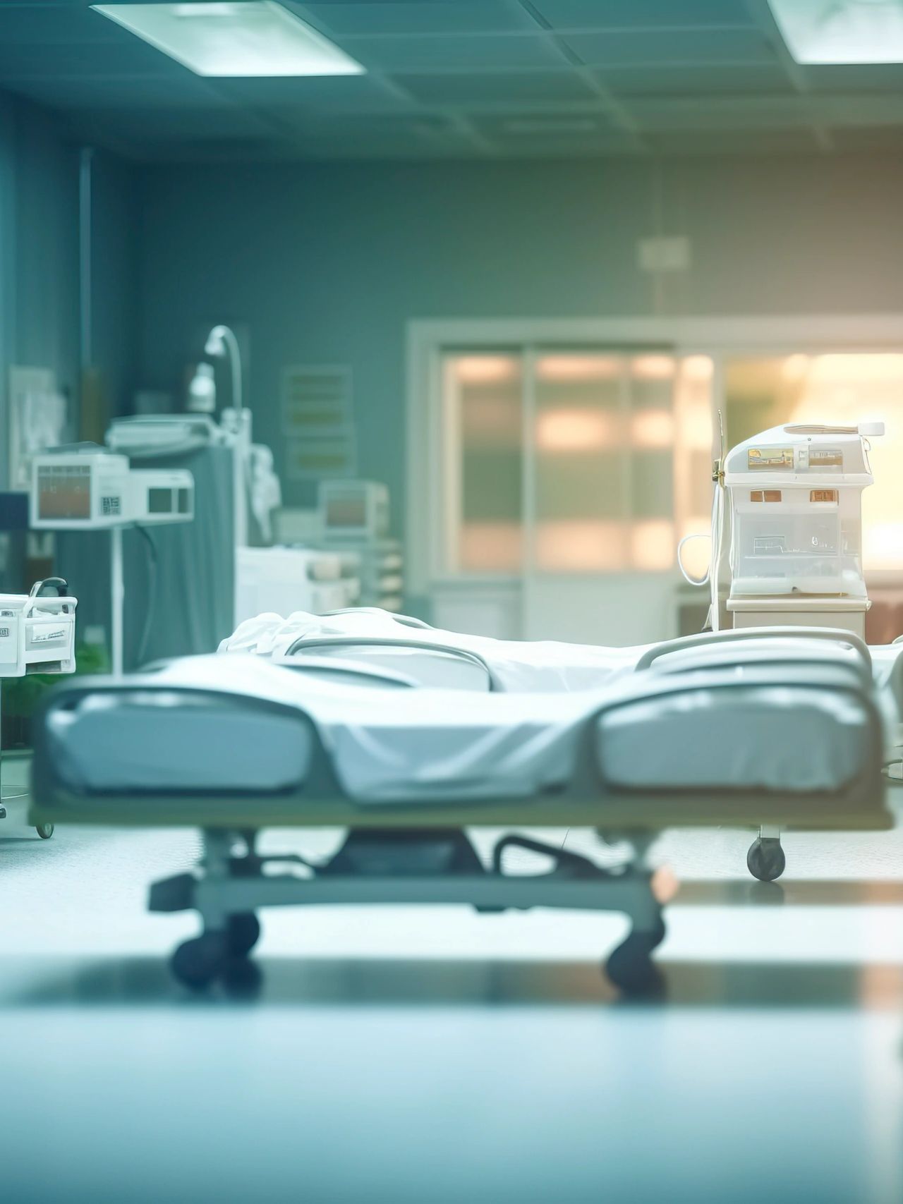 Empty hospital room with beds and medical equipment.