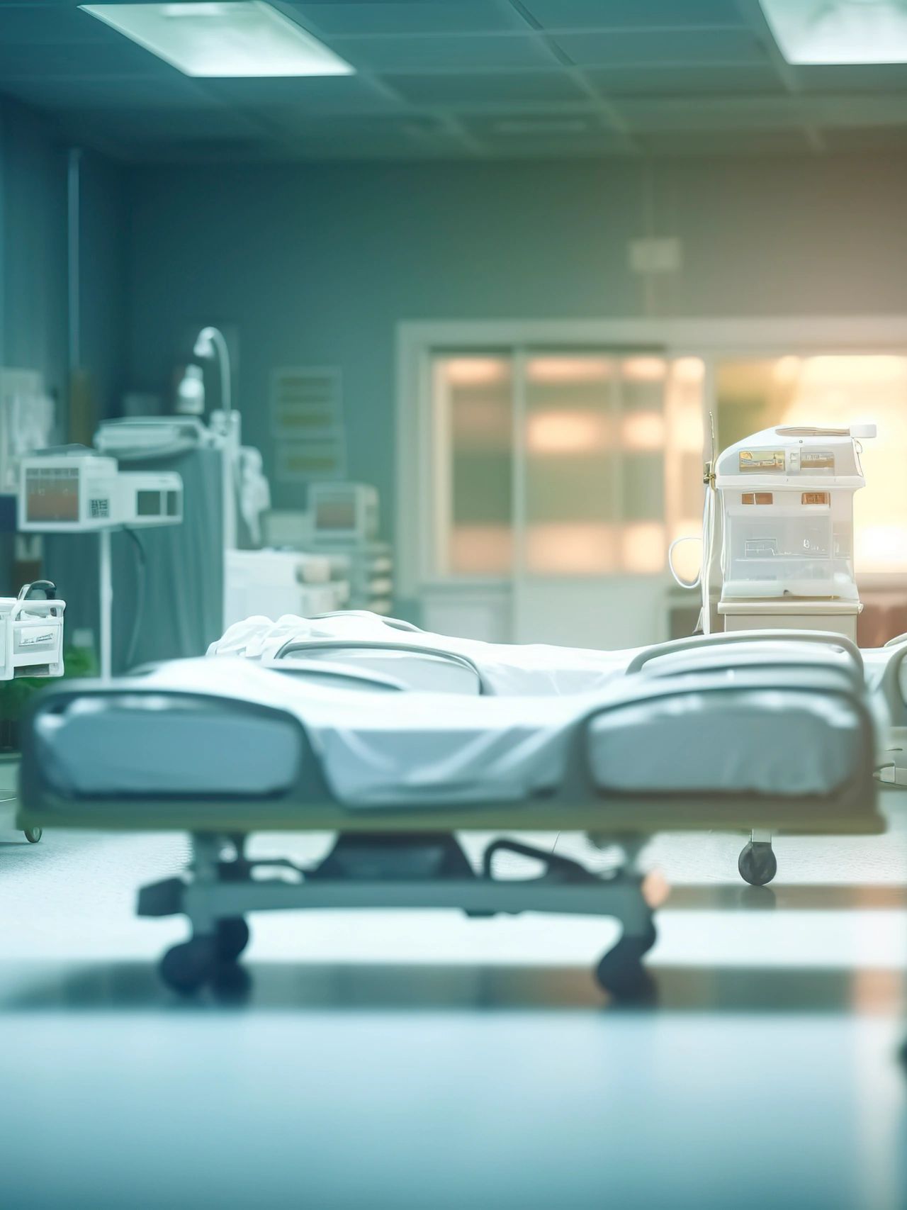 Empty hospital beds in a dimly lit ward.