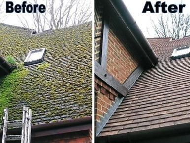 Roof before and after cleaning shows moss removal and restored tiles.