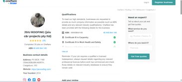 Profile page of JSJO Roofing with qualifications and contact details.