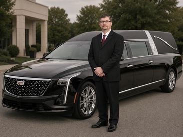 A man in a suit stands beside a black Cadillac hearse.