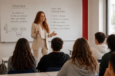 Teacher giving a speech lesson to attentive students in a classroom.