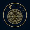 A golden astrological chart with moon and stars on a dark background.