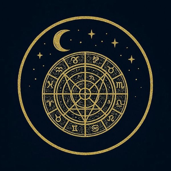 Golden zodiac wheel with moon and stars on dark background.