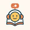 Smiling face with headphones and a speech bubble above an open book.