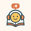 Smiling book character with headphones and a speech bubble.