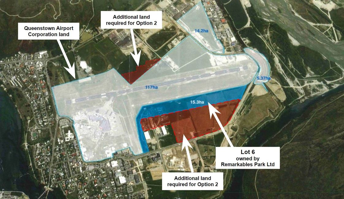 Queenstown Airport showing QAC land plus Lot 6 owned by RPL and additional land needed for Option 2