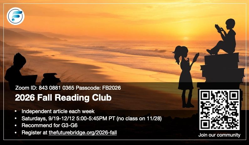 Kids reading on the beach at sunset with reading club info.
