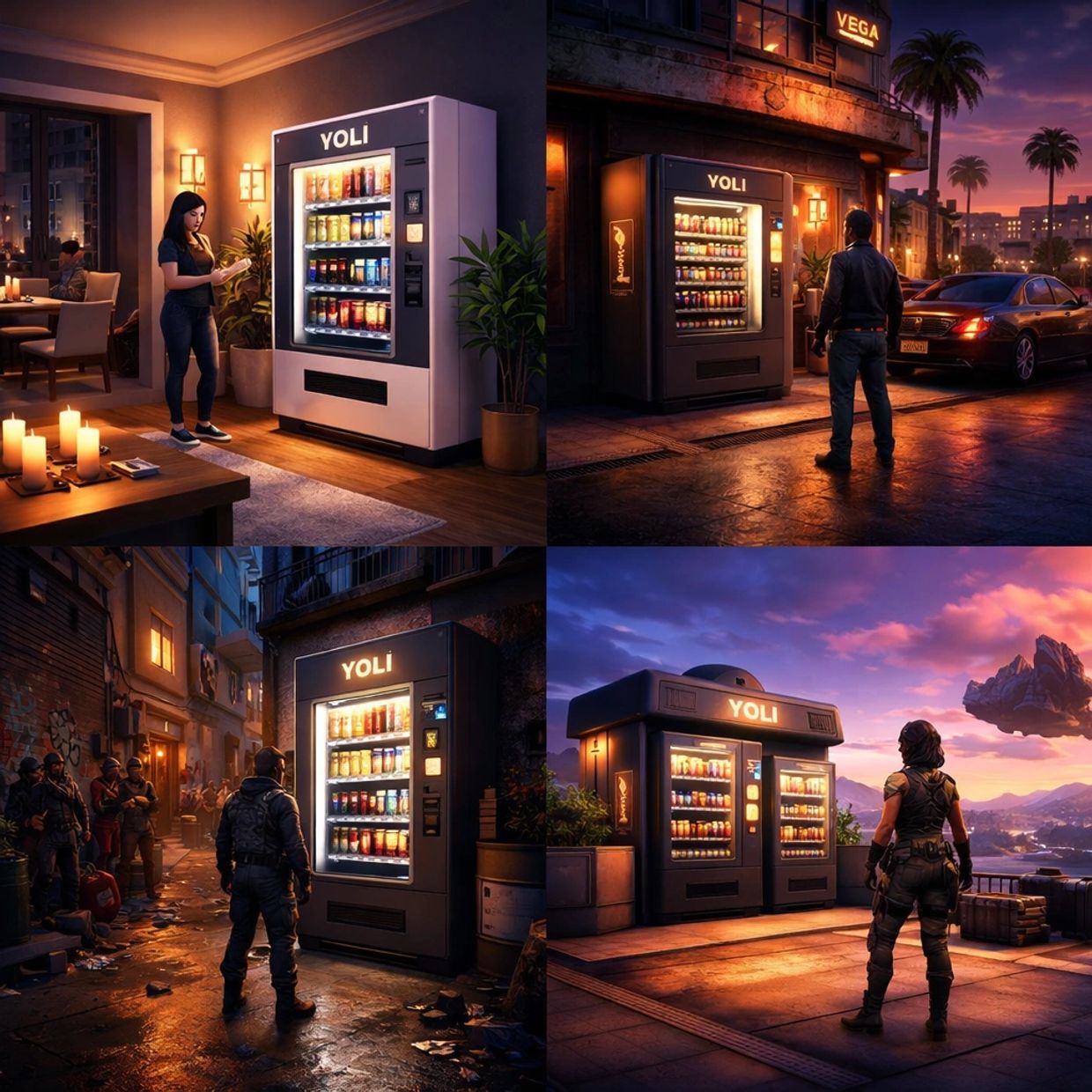 Photos of vending machines named "Yoli" in various video game environments.