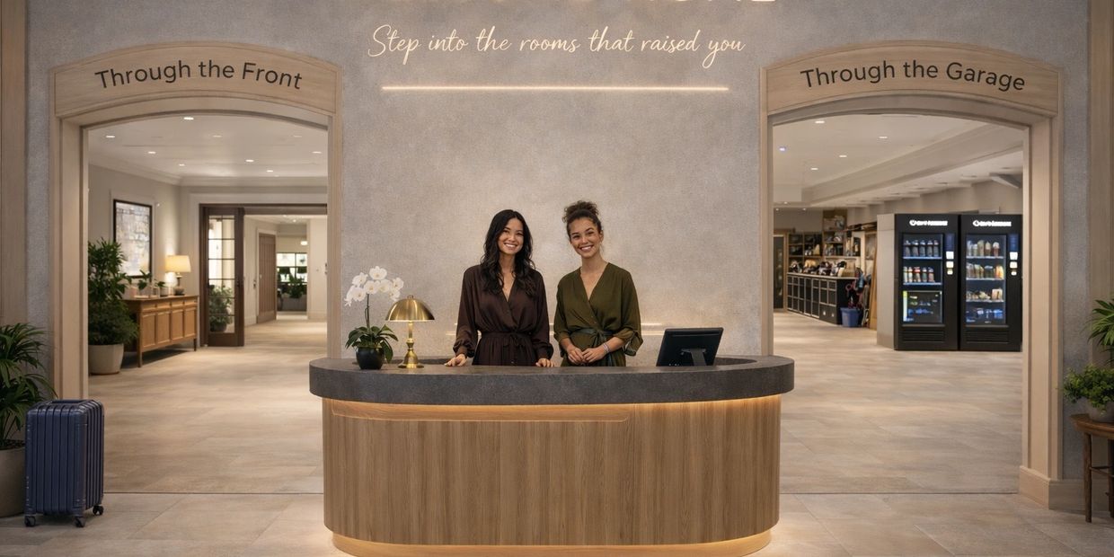 Two hostess at the concierge stand for Welcome Home Lounge" featuring 2 entryways. 