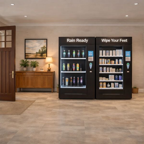 2 vending machines labeled rain ready and wipe your feet in welcome home lounge doorway.