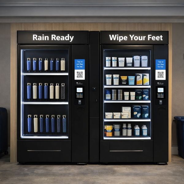 2 vending machines labeled rain ready and wipe your feet in welcome home lounge garage.