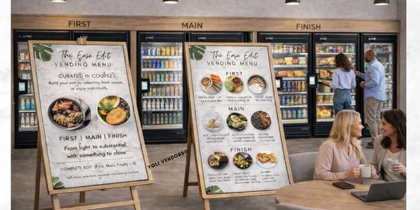 A vending display w/  a menu-driven layout that guides selections across First, Main, and Finish.