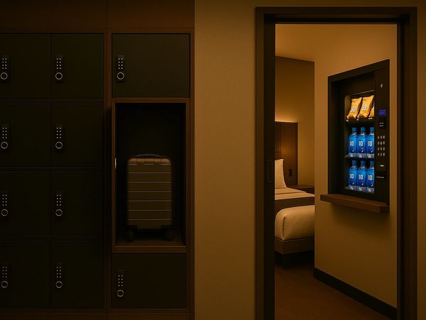 Private airport suite w/ warm lighting, a bed visible through an open doorway, & an in-room vending.