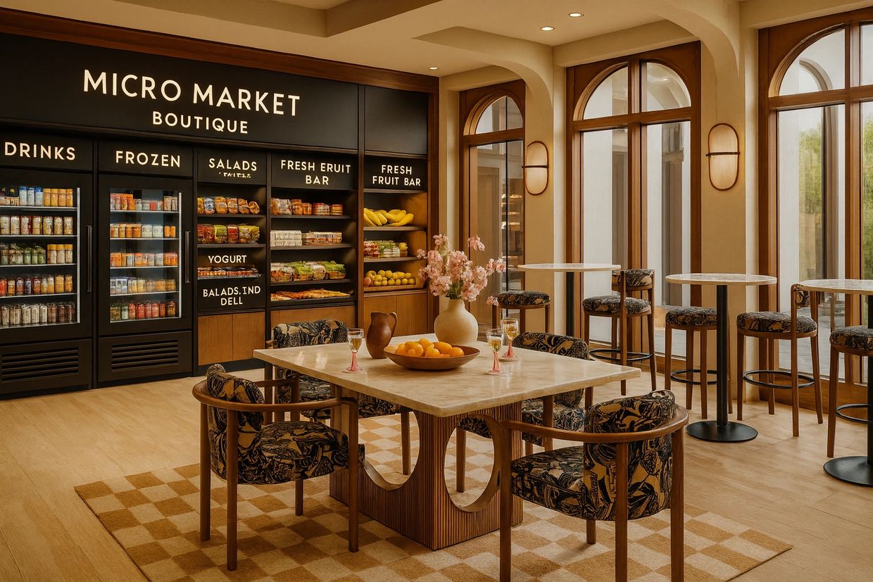 Boutique market interior with food displays, seating, and natural light from large windows. 