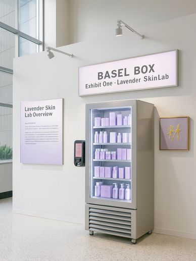 Tokenization & Batching: Basel Box skincare vending unit showing curated product rows and signage.