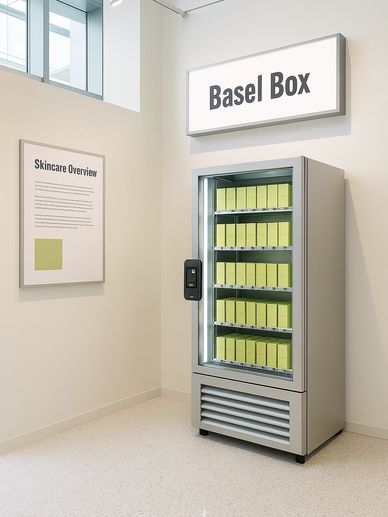 Brand Anchoring: Basel Box skincare vending machine displayed in a minimalist gallery setting.
