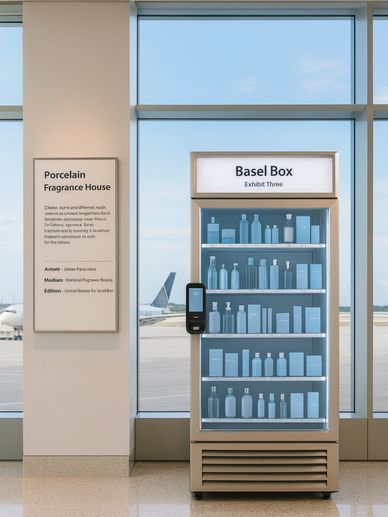 Smart Vending Technology: Basel Box smart vending machine with neatly arranged skincare products.