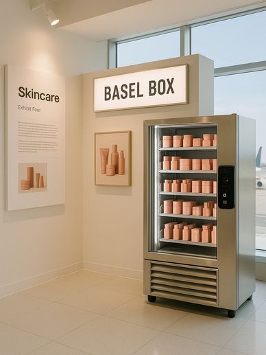 Color Curation: Skincare vending display organized by coordinated color palettes.