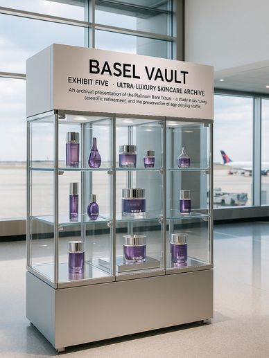 Discovery & Psychology: Glass skincare display labeled Basel Vault in an airport gallery setting.
