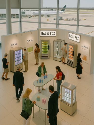 Merchandising Strategy: Airport skincare pop-up w/ guests browsing multiple Basel Box vending units 