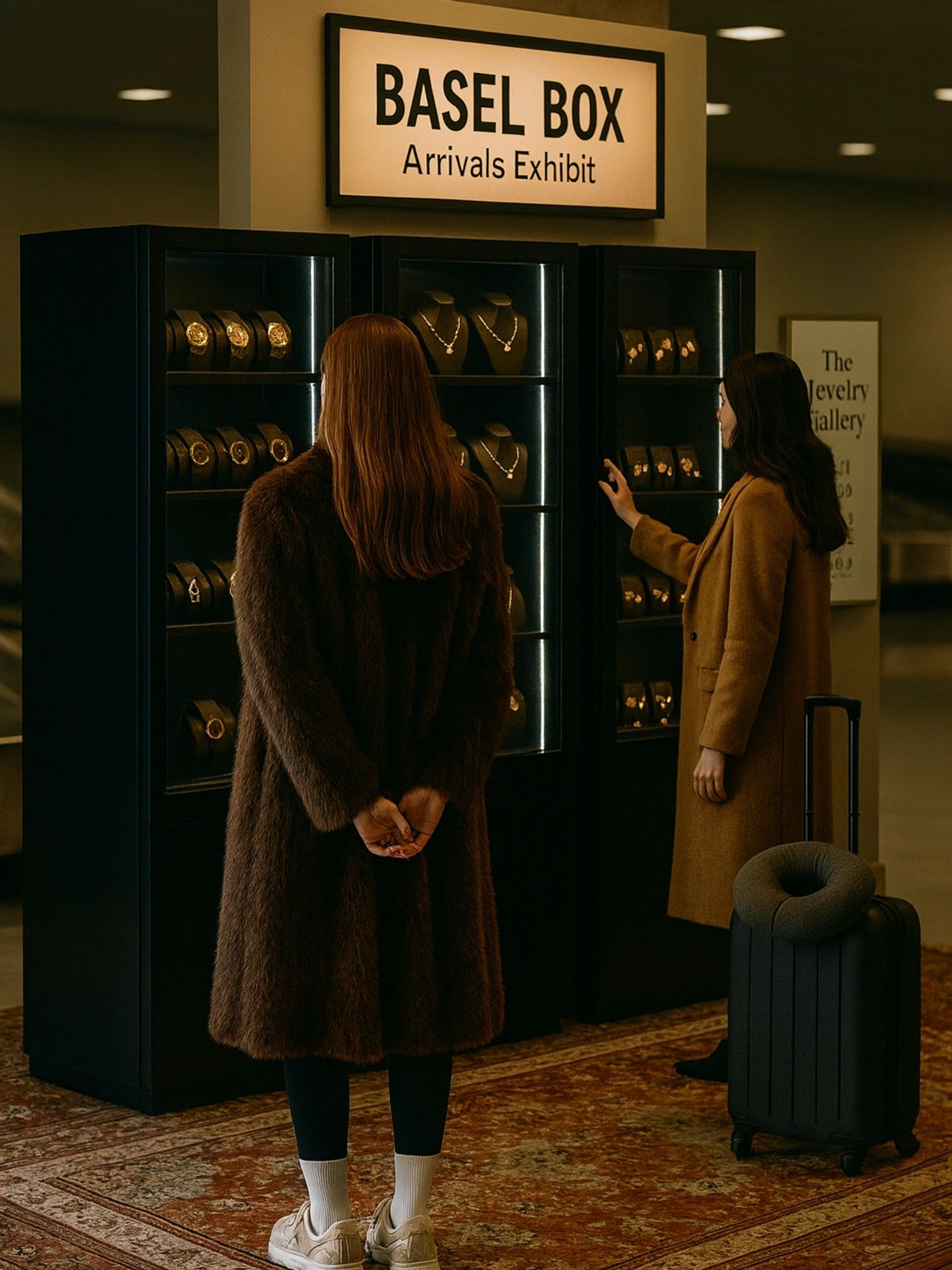 Travelers browse the Basel Box Arrivals Exhibit. Jewelry Vending Machines in airport baggage claim 