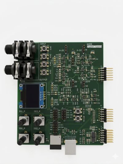 Electronic circuit board with multiple connectors, buttons, and a small display screen.