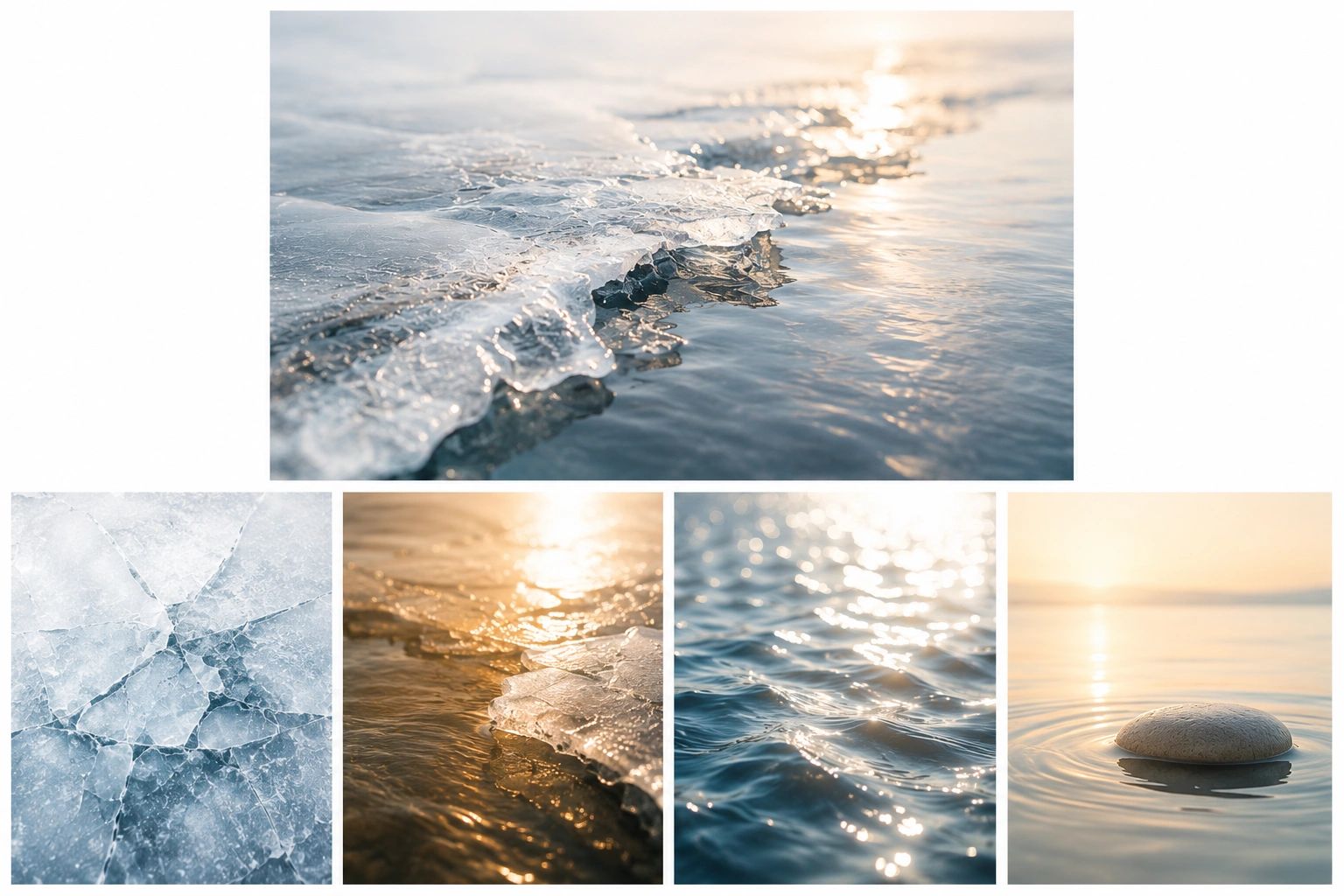 Close-up photos of ice and water at sunset.