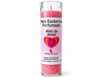 Pink esoteric scented candle labeled 'Honey of Love' in a glass jar.