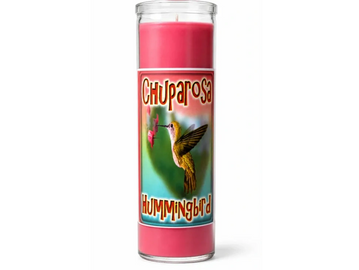 Red Chuparosa Hummingbird prayer candle with a hummingbird image.
