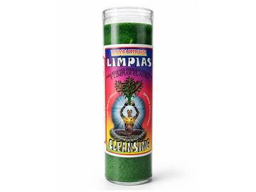 Green cleansing candle labeled 'Limpias' for spiritual purification.