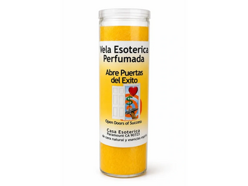 Yellow esoteric scented candle labeled for opening doors to success.