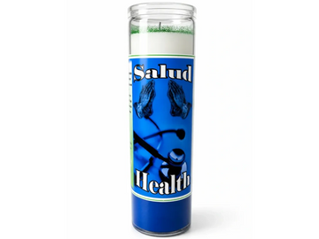 Prayer candle with health theme and praying hands illustration.