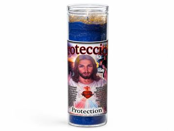 Blue protection candle with religious imagery and text in Spanish and English.